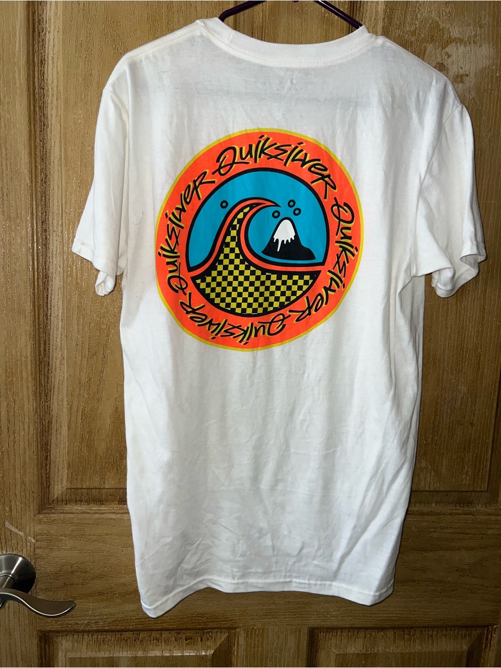 Quiksilver White Tee with Orange and Blue Surf Logo